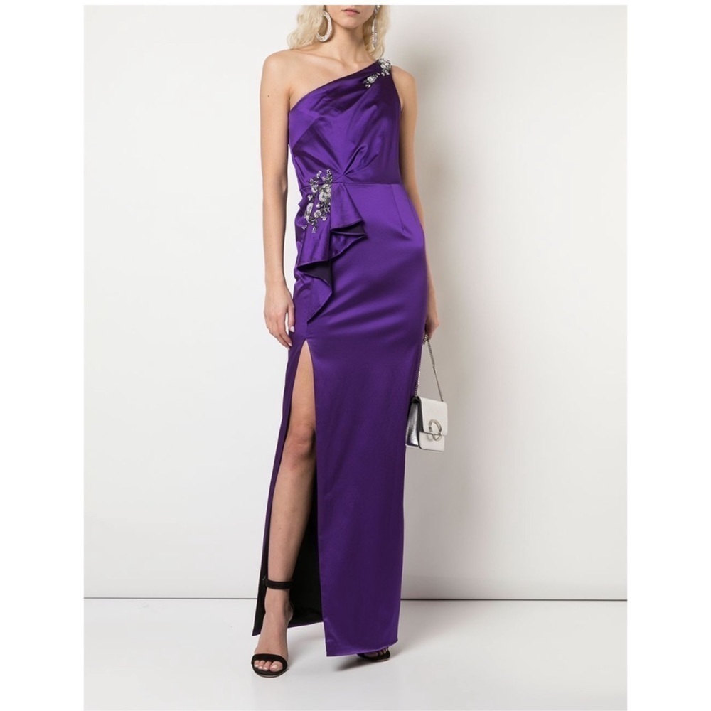 Marchesa Notte One Sleeve Appliqué  Purple Gown